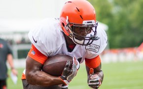 Nick Chubb of the Cleveland Browns carrying the ball during practice
