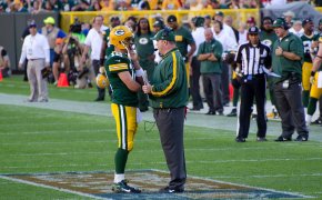 Aaron Rodgers and Mike McCarthy Green Bay Packers discussing a play