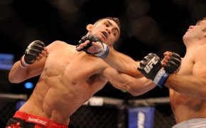 24 SEPTEMBER 2011: Tony Ferguson exchanges blows with Aaron Riley during UFC 135 at the Pepsi Center in Denver, Colorado.