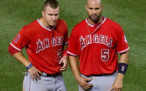 Mike Trout and Albert Pujols of the LA Angels on the field.