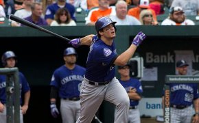 Nolan Arenado connects with a pitch