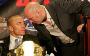 2009 Jan. 31 Georges St-Pierretalks to UFC president Dana White in the press conference after defeating BJ Penn in UFC 94: St-Pierre vs. Penn 2 at MGM Grand Garden Arena in Las Vegas, NV St-Pierre won by KO over Penn.