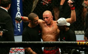 11 July 2009: Georges St-Pierre of Canada is visibly exhausted after his bout against Thiago Alves of Brazil in the UFC 100 event at the Mandalay Bay Events Center in Las Vegas, NV.