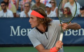 Stefanos Tsitsipas about to hit a backahnd