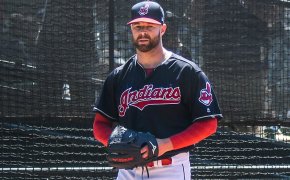 Corey Kluber warming up for the Cleveland Indians.
