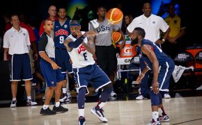 James Harden and LeBron James square off in practice with Team USA.
