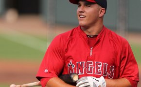Mike Trout of the Los Angeles Angels warming up