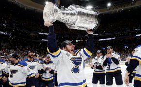 Alex Steen of the St. Louis Blues hoists the Stanley Cup.