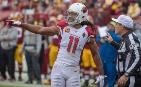 Larry Fitzgerald points out something to officials