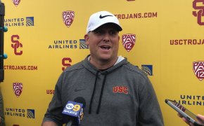 Clay Helton meets with the media at spring practice