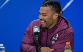 Derrius Guice answering questions at the NFL Scouting Combine