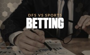 DFS vs sports betting text overlay on man signing legal document