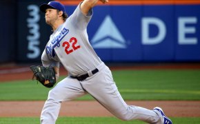 The Dodgers' Clayton Kershaw delivering a pitch.