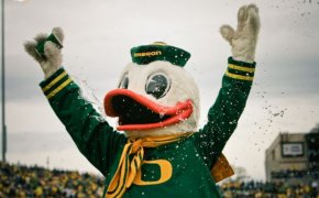 The Oregon Ducks' mascot pumping up the crowd.