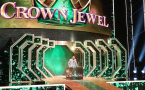 Tyson Fury speaking under a Crown Jewel setup