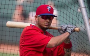 Freddy Galvis takes batting practice during his time with the Phillies.