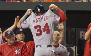 Bryce Harper returning to the Nationals dugout.