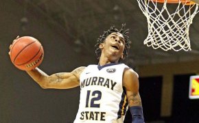 Murray State guard Ja Morant flying in for a huge dunk.