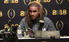 Jalen Hurts taking questions during a press conference.