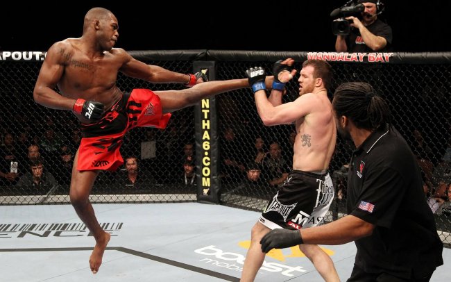 Jon Jones kicking Ryan Bader at UFC 126. 