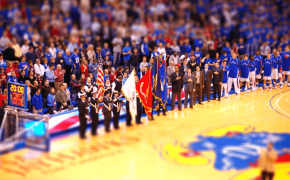 Wide shot of the Allen Fieldhouse court pre-game.
