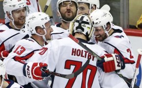 Alexander Oveckin Braden Holtby Celebrate Stanley Cup Birth