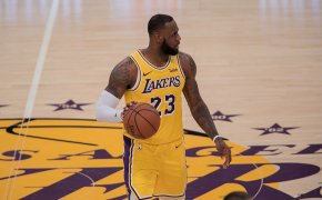 LeBron James LA Lakers forward dribbling the ball