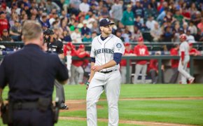Seattle pitcher James Paxton walking off the mound.