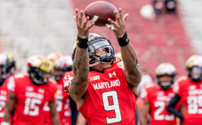 A receiver making a catch at a Maryland football practice.