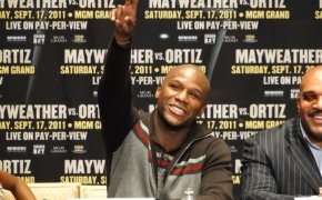 Floyd Mayweather doing a press conference hyping is fight with Victor Ortiz in 2011