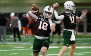 Miami Hurricanes QB Tate Martell throwing during practice.