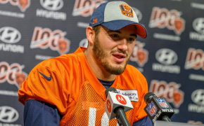 Mitchell Trubisky answers questions at a press conference.