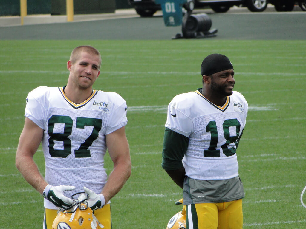 Packers WRs Jordy Neslon and Randall Cobb standing during practice