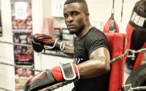 British boxer Ohara Davies pauses for a photo during training.