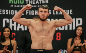 Magomed Magomedkerimov poses during his weigh-in.