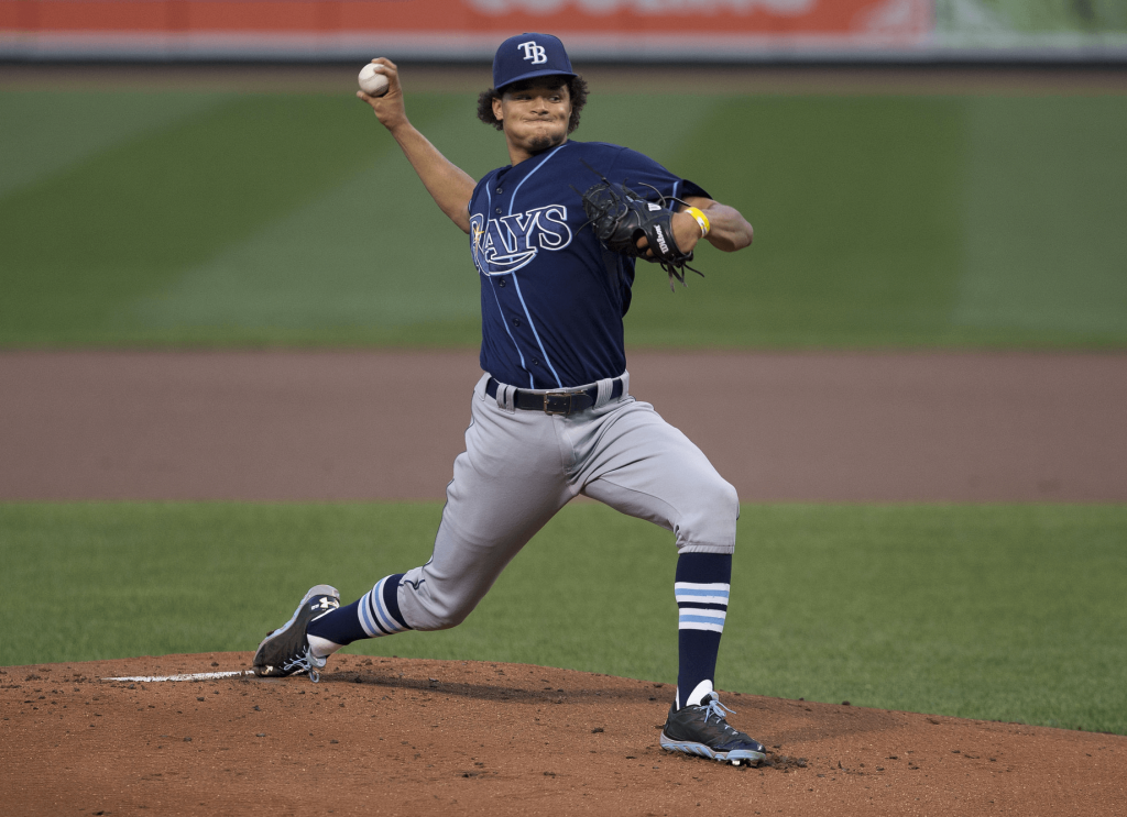 Tampa Bay Rays pitcher Chris Archer mid-delivery