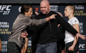 Joanna Jedrzejczyk and Rose Namajunas staredown before UFC 217