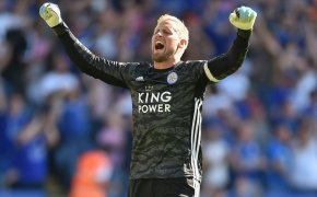 Kasper Schmeichel is deighted after Leicester City defeat Tottenham Hotspur
