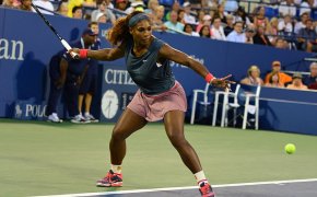 Serena Williams hitting a forehand at the US Open.