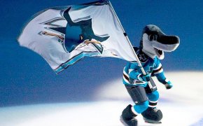 San Jose Sharks mascot skating with a team flag.