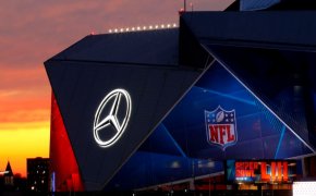 Mercedes-Benz Stadium in Atlanta, Georgia, dressed up for the Super Bowl
