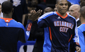 OKC Thunder guard Russell Westbrook giving a teammate a high-five