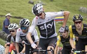 Team Sky leading the peloton at the 2018 Tour de France.