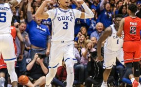Tre Jones celebrating a basket for Duke