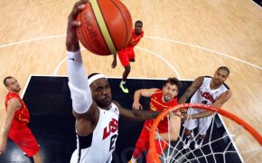 LeBron James dunks against Spain