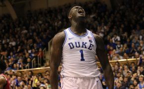 Duke forward Zion Williamson reacting to a big play