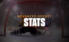Advanced hockey stats text overlay on hockey goalie