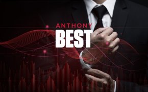 anthony best text overlay on man straightening his tie