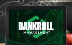 Bankroll management text overlay on sports betting laptop screen