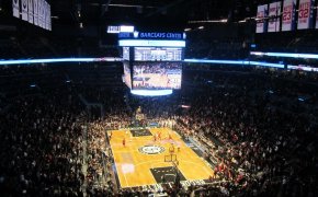 Wide shot of the Barclays Center in Brooklyn, NY